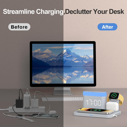 ANJANK Wireless Charging Station,5 in 1 Multiple Charger Stand with Alarm Clock,7 Night Light,Magnetic Charging Dock for iPhone 18 17 16 15 14 13 Pro Max Plus,Apple Watch 11/10/9/8,for Airpods,Bedroom