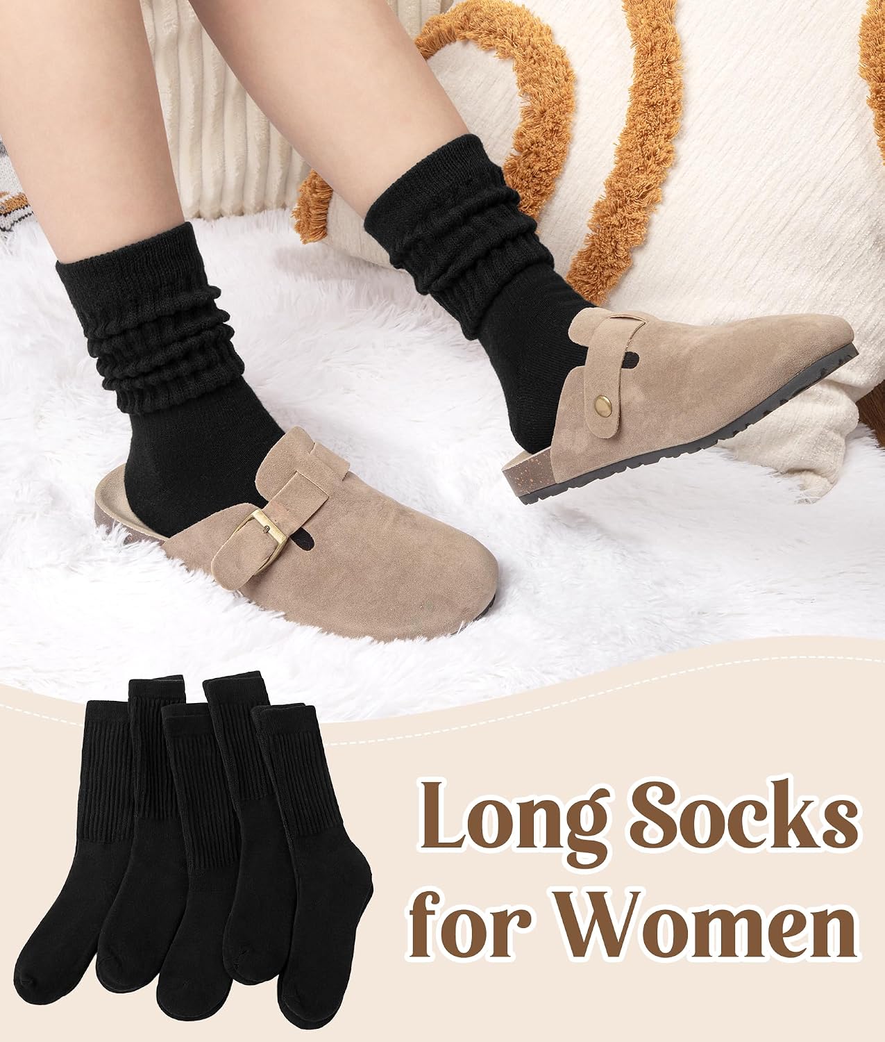 Justay 5 Pairs Slouchy Socks for Women - Slouch Long Crew Knit Boot Athletic Calf Tube Scrunch Socks