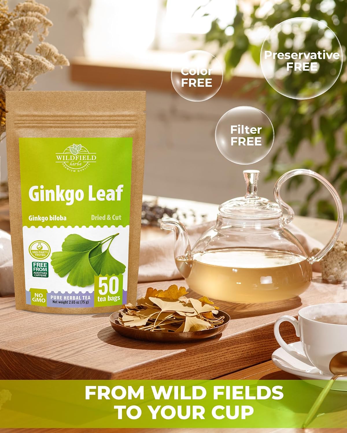 50 Bags Ginkgo Leaf Herbal Tea (Ginkgo Biloba) - 50 Count 1.5g Bags Dried Ginkgo Leaf Té De Ginkgo