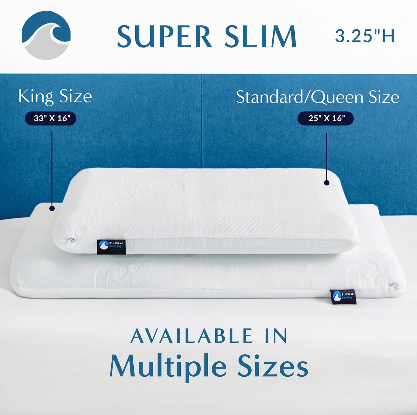 Bluewave Bedding Ultra Slim Max Cool CarbonBlue Gel Memory Foam Pillow for Stomach and Back Sleepers - Thin, Flat Design with Advanced Cooling (2.75-Inch Height, Standard Size)