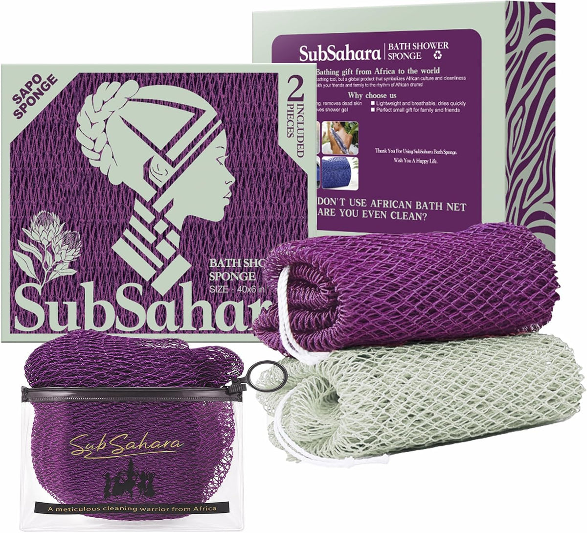 SubSahara African Net Sponge, 2 Pack 45-Inch Exfoliating Bath Scrubber