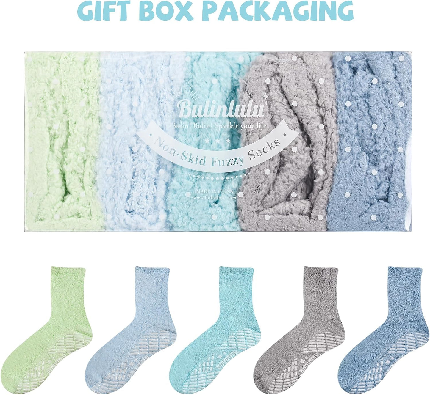 Bulinlulu Fuzzy Socks With Grips for Women, 5 Pairs Non Slip Sleep Warm Fluffy Slipper Socks Gifts for Women