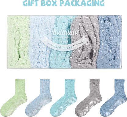 Bulinlulu Fuzzy Socks With Grips for Women, 5 Pairs Non Slip Sleep Warm Fluffy Slipper Socks Gifts for Women