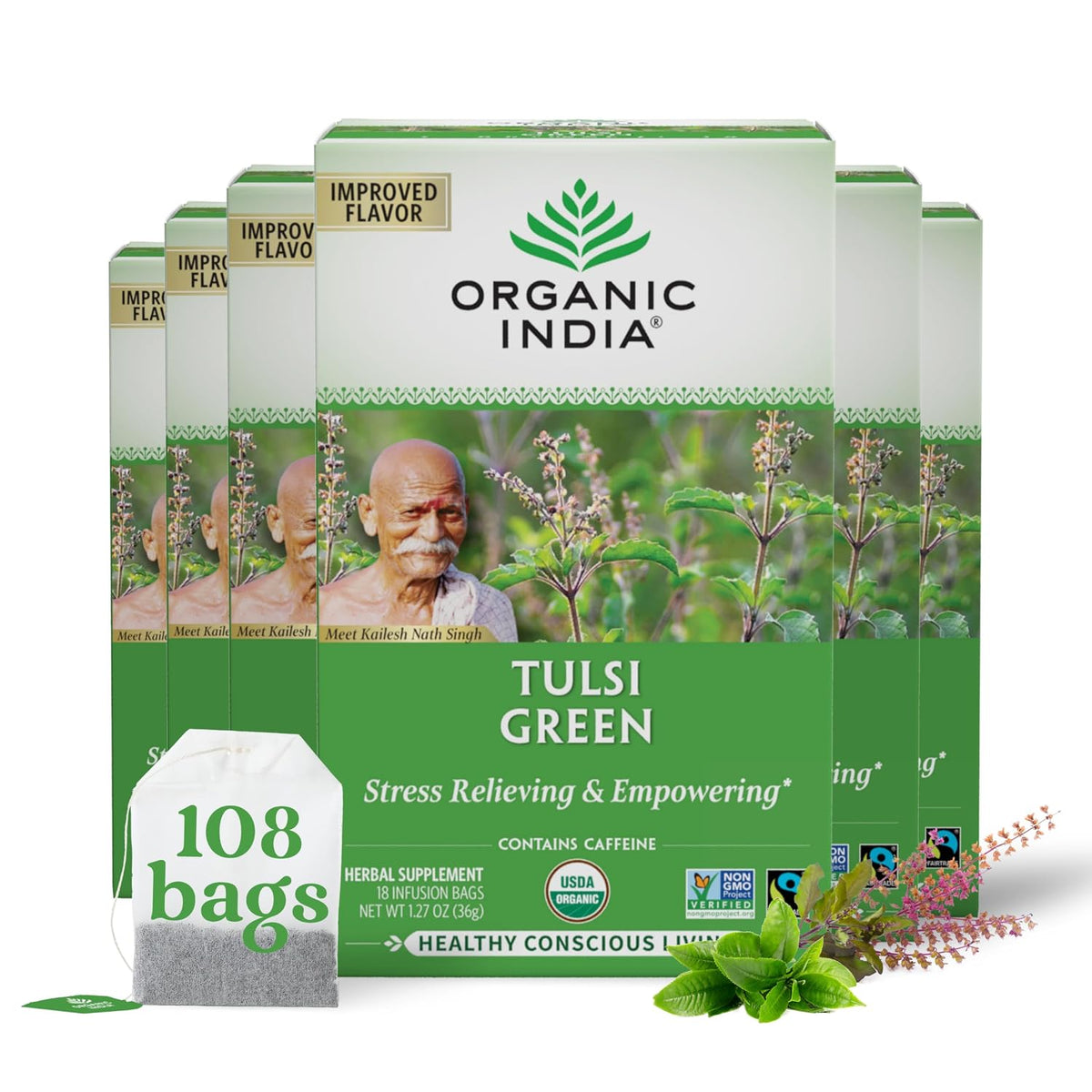 ORGANIC INDIA Tulsi Green Tea Bags, African Basil, 18 Infusion Bags, 6 Pack