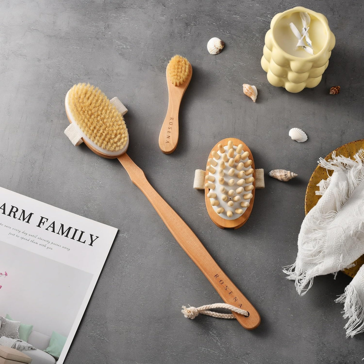 Dry Brushing Body Brush Set, Lymphatic Drainage, Natural Bristles
