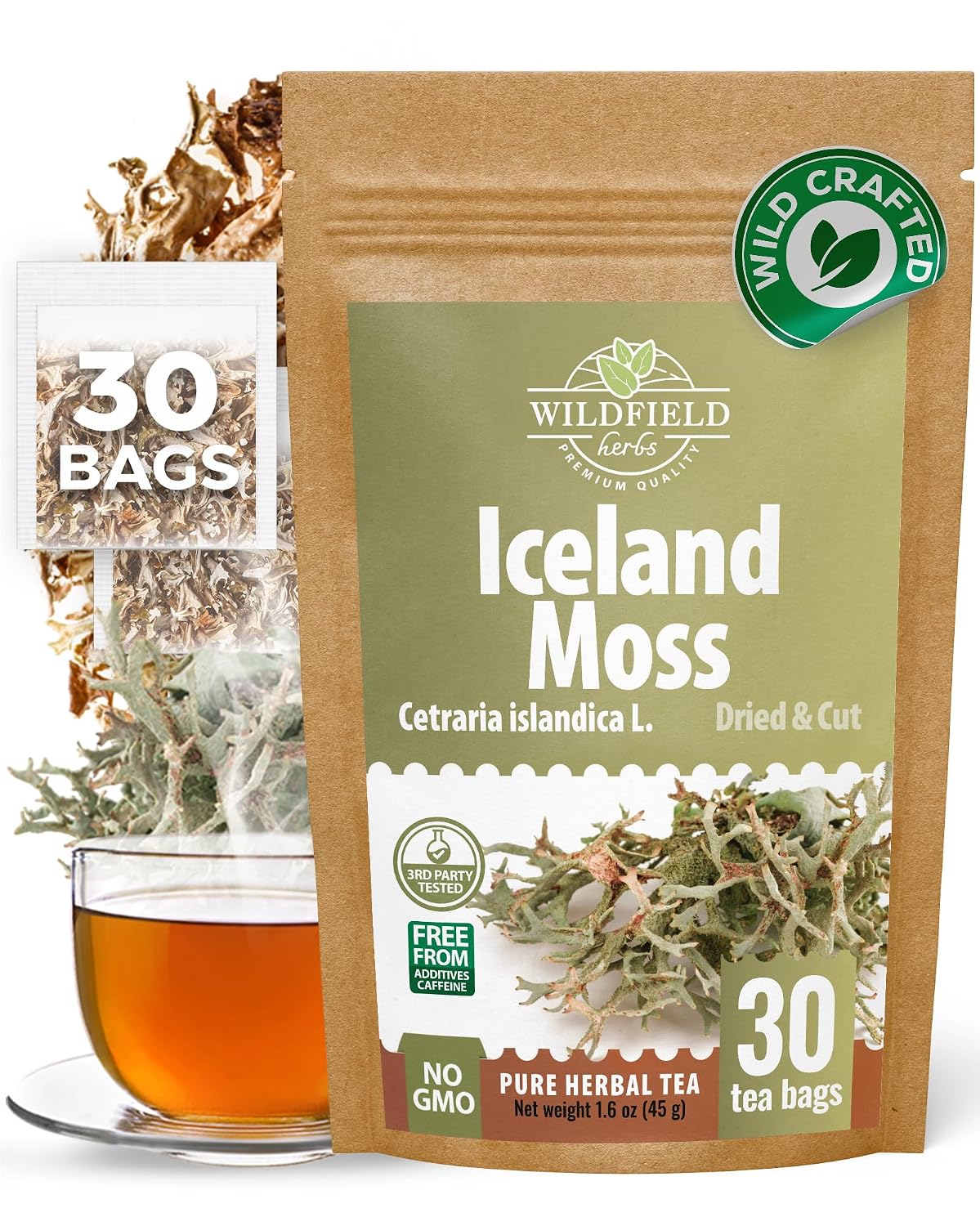 30 Bags Icelandic Moss Herbal Tea (Cetraria Islandica) - 30 Count 1.5g Bags Dried Iceland Moss Herb Tea