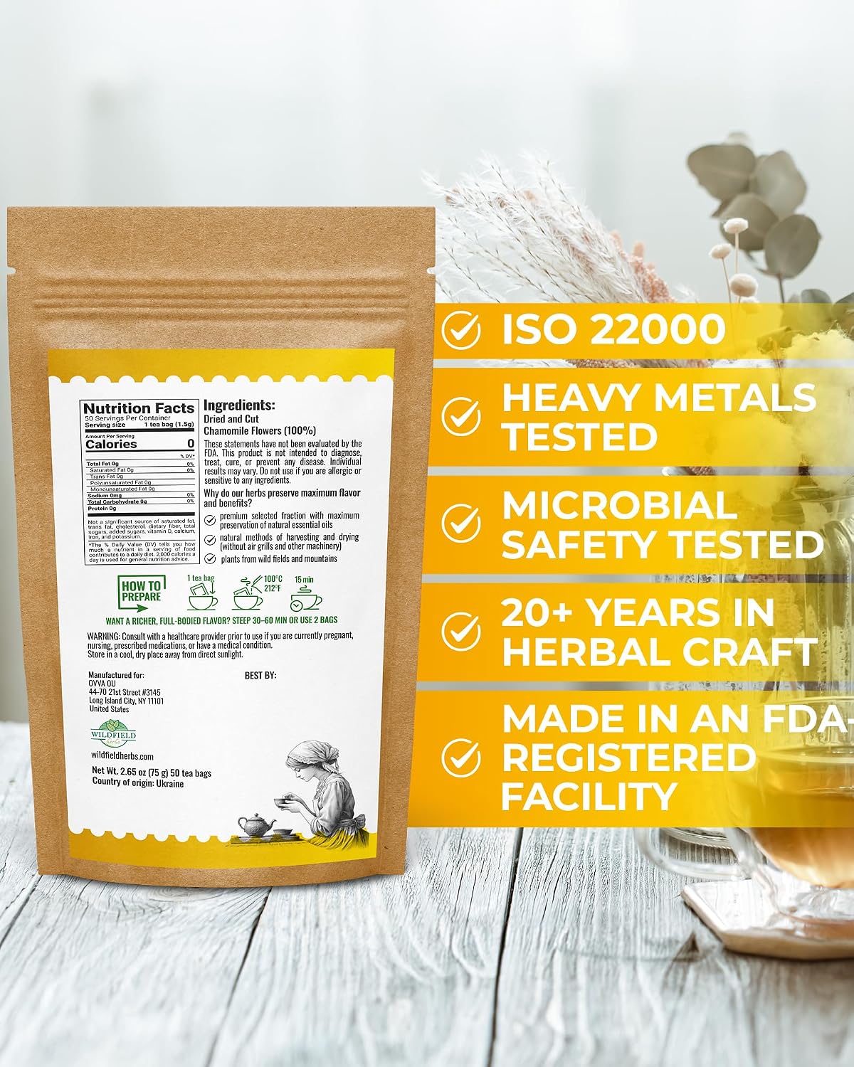 50 Bags Chamomile Flowers Herbal Tea (Matricaria Chamomilla) - 50 Count 1.5g Bags Dried Chamomile Flower Herb Tea Té De Manzanilla