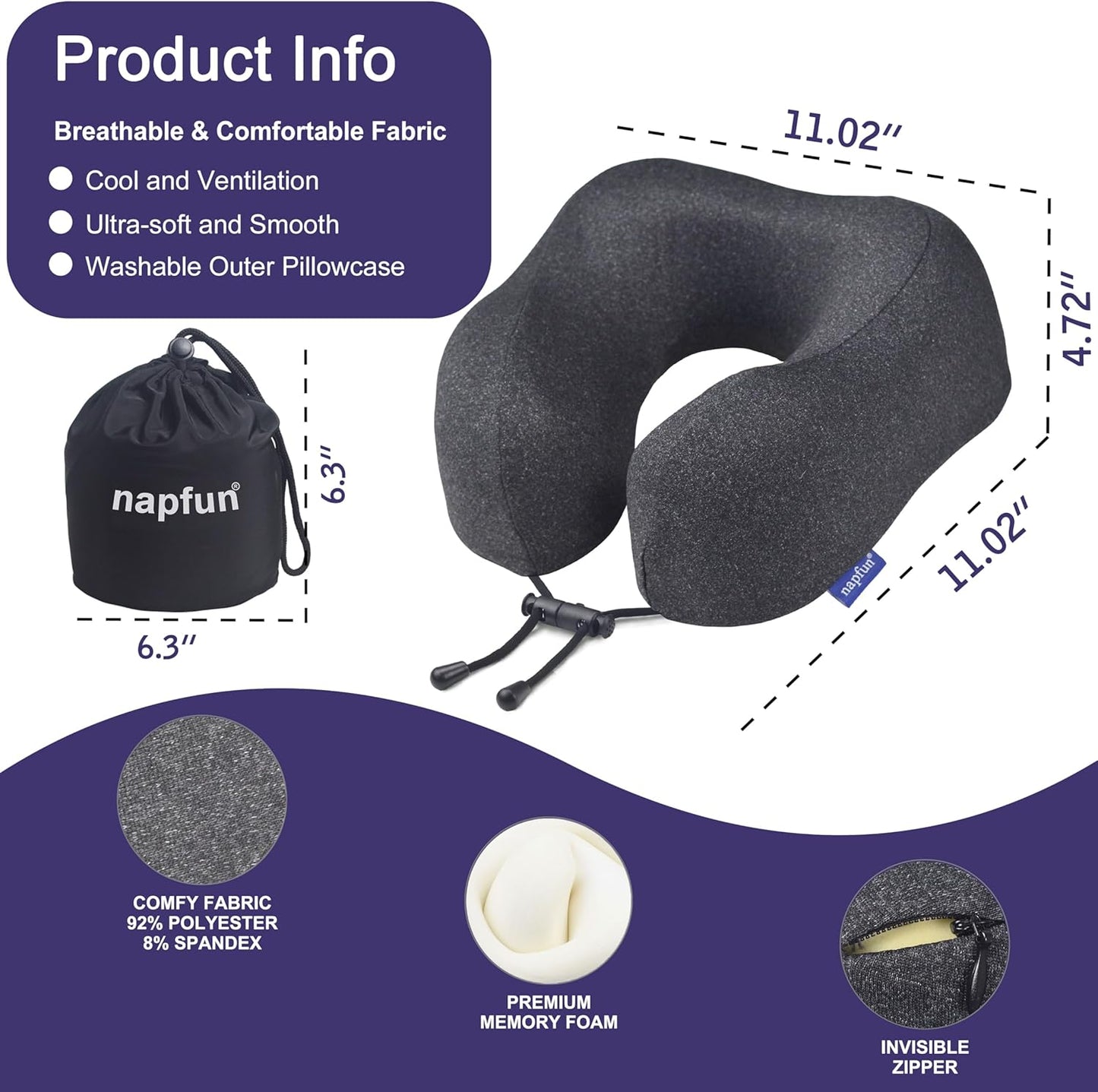napfun Neck Pillow for Traveling, Upgraded Travel Neck Pillow for Airplane 100% Pure Memory Foam Travel Pillow for Flight Headrest Sleep, Portable Plane Accessories, Light Grey