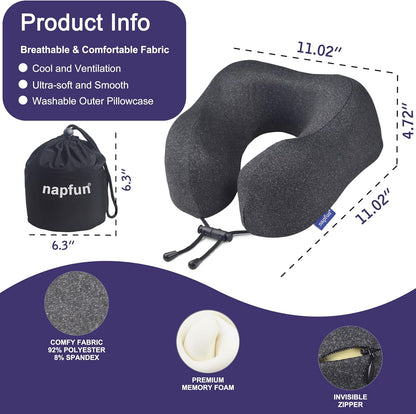 napfun Neck Pillow for Traveling, Upgraded Travel Neck Pillow for Airplane 100% Pure Memory Foam Travel Pillow for Flight Headrest Sleep, Portable Plane Accessories, Light Grey