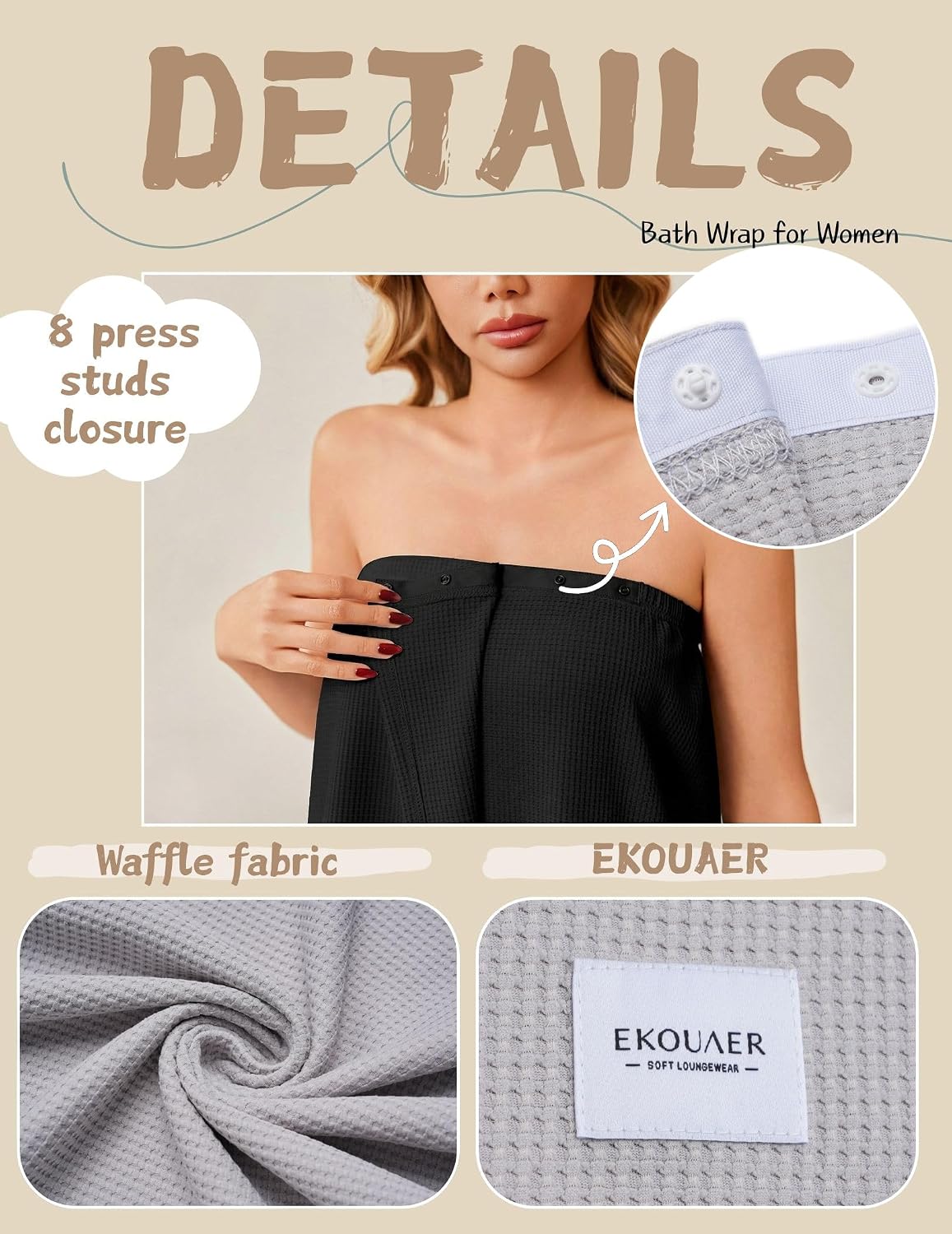 Ekouaer Waffle Robes Towel Wrap for Women Bath Wrap Lightweight Spa Robe