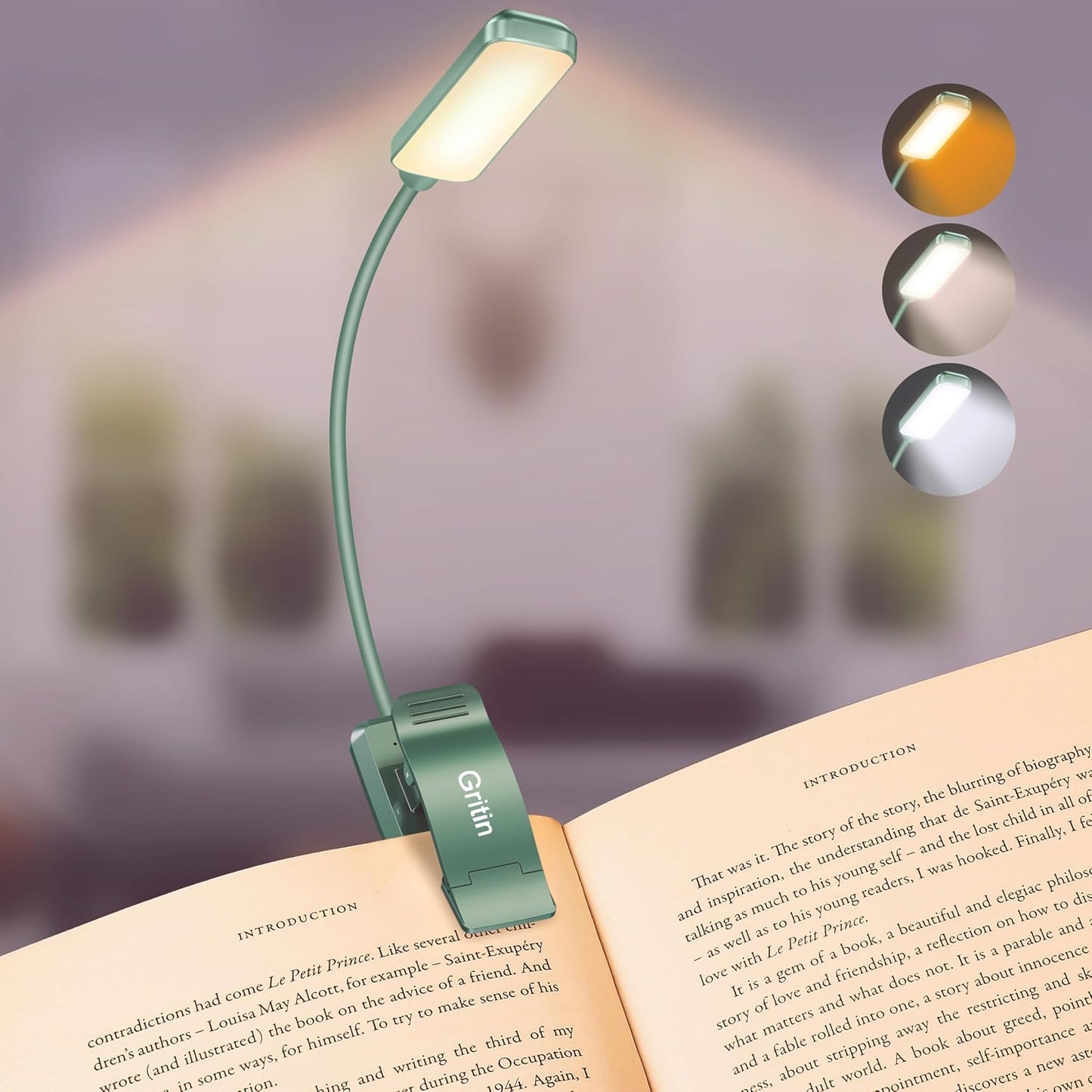 Gritin 9 LED Rechargeable Book Light for Reading in Bed | Eye Caring 3 Color Temps,Stepless Dimming Brightness,80 Hrs Runtime Small Lightweight Clip On Book Reading Light for Studying