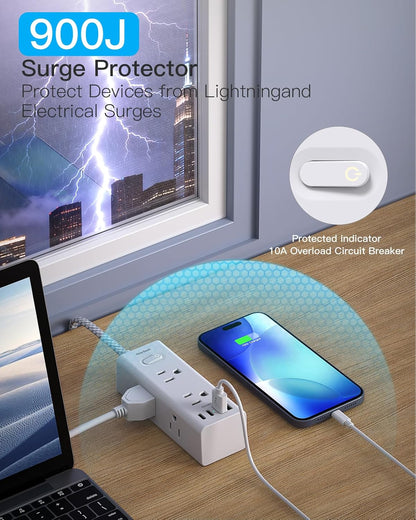 One Beat 10Ft Extension Cord with Multiple Outlets,Flat Plug Power Strip