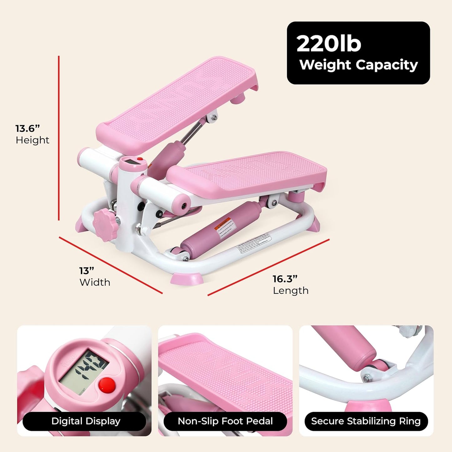 Sunny Health & Fitness Mini Steppers with Digital Monitor and Resistance Bands, Compact Low-Impact Cardio Machines for Home Workouts