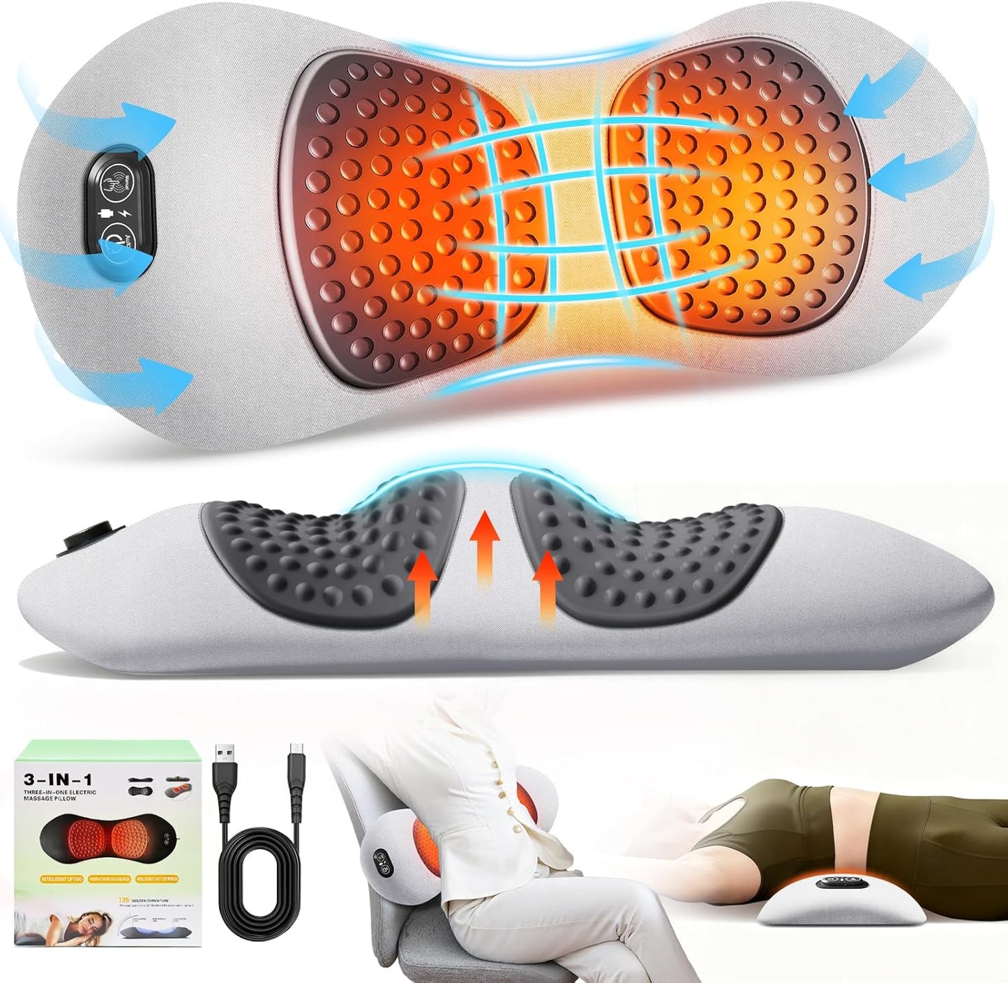 3-in-1 Electric Lumbar Support Pillow,Triple Fusion Back Massager with Heat,Vibration&Traction,Back Support Pillow for Bed and Chair,Lumbar Support Pillow for Lower Back Pain Relief&Spine Support-Gray