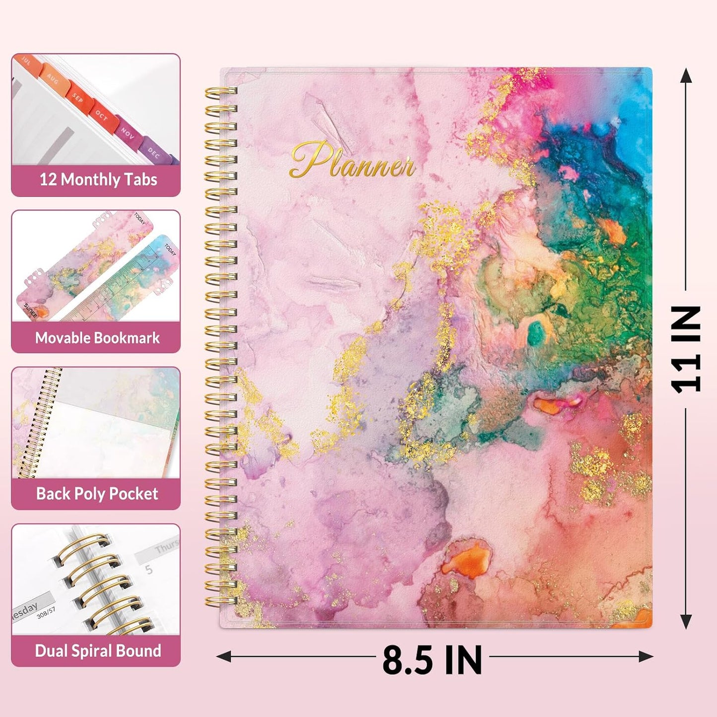SUNEE Academic Planner 2026-2027 – Weekly & Monthly Planner, July 2026 to June 2027, 6.4"x8.3", Thick Paper, Tabs, Pockets, Bookmark, Spiral-Bound, Student Teacher Organizer, Black