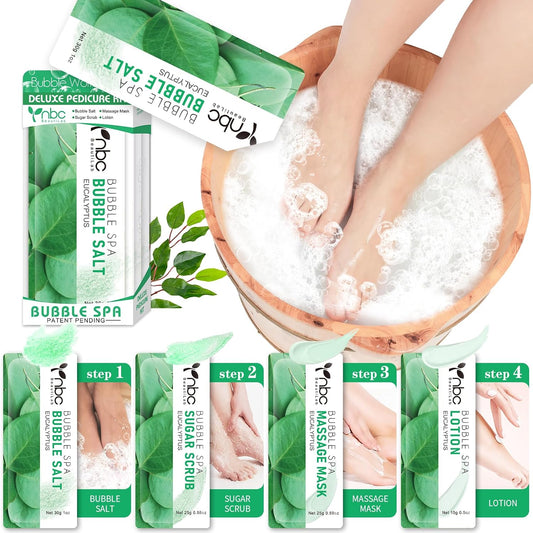 Pedicure Kit Foot Soak Set: Bubble Salt, Sugar Scrub, Massage Mask, Massage Lotion in a Box, 4 Step Foot Spa Kit for Dry Feet, Softens Calluses, Tired Feet（3 Set Lavender) - Colors B