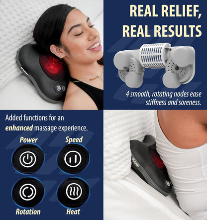 Zyllion Shiatsu Back and Neck Massager with Heat - 3D Electric Kneading Deep Tissue Massage Pillow with 8 Massaging Nodes for Muscle Pain Relief, Black, ZMA-25