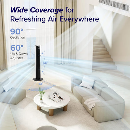 LEVOIT Tower Fan for Bedroom, Standing Fan with 36”-47” Adjustable Height, 90° Oscillating Room Fan, 28dB Quiet for Sleep, 23 ft/s Velocity, 5 Speeds 4 Modes, 12H Timer, Remoter, for Home, White