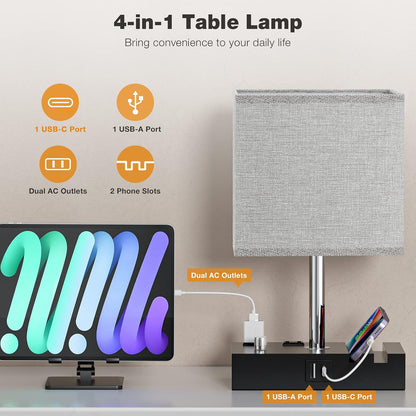 Kakanuo Fully Dimmable Nightstand Lamp for Bedroom with USB C Ports, Grey Small Bedside Table Lamp with Charging Outlets and Phone Stands, Wooden Desk Lamp for Living Room, LED Bulb Included