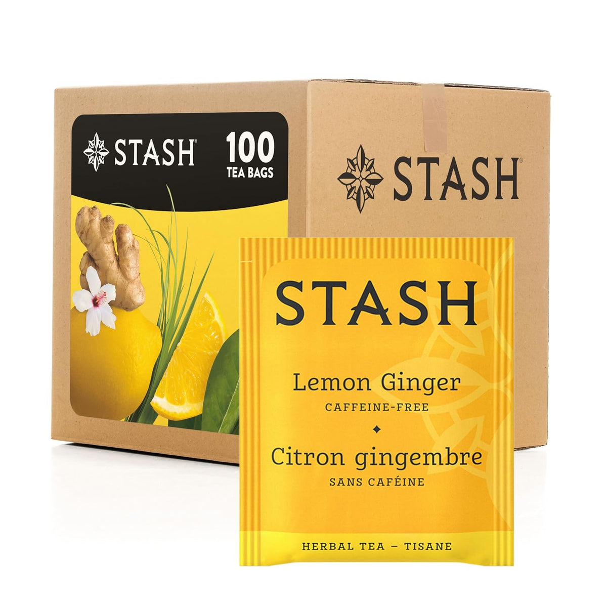 Stash Tea Lemon Ginger Herbal Tea - Naturally Caffeine Free, Non-GMO Project Verified Premium Tea with No Artificial Ingredients, 100 Count (BULK PACKAGING)