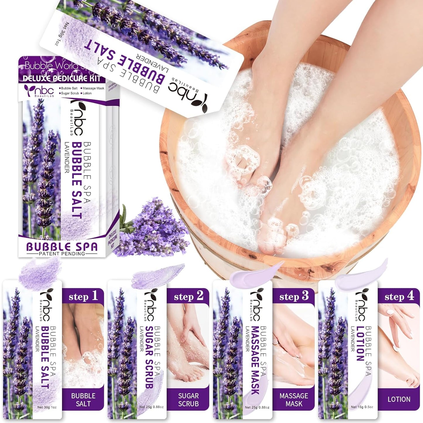 Pedicure Kit Foot Soak Set: Bubble Salt, Sugar Scrub, Massage Mask, Massage Lotion in a Box, 4 Step Foot Spa Kit for Dry Feet, Softens Calluses, Tired Feet（3 Set Lavender) - Colors A