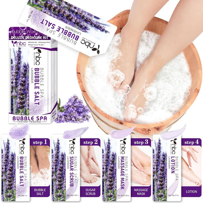 Pedicure Kit Foot Soak Set: Bubble Salt, Sugar Scrub, Massage Mask, Massage Lotion in a Box, 4 Step Foot Spa Kit for Dry Feet, Softens Calluses, Tired Feet（3 Set Lavender) - Colors A