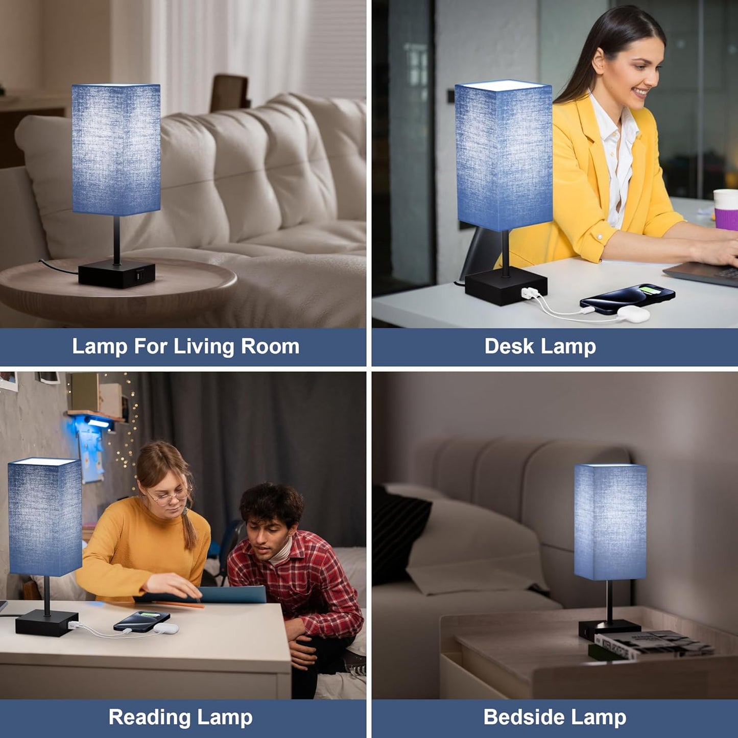 Table Lamp for Bedroom, 3 Way Dimmable Touch Bedside Lamp, Small Lamp with 2 USB C+A Charging Ports, Black Nightstand Lamps for End Table, Living Room, Desk, Bulb Included
