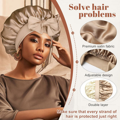 Satin Bonnet for Sleeping Cap Double Layer Hair Bonnet with Elastic Tie Band for Curly Hair Night Cap (Bean Paste + Pink)
