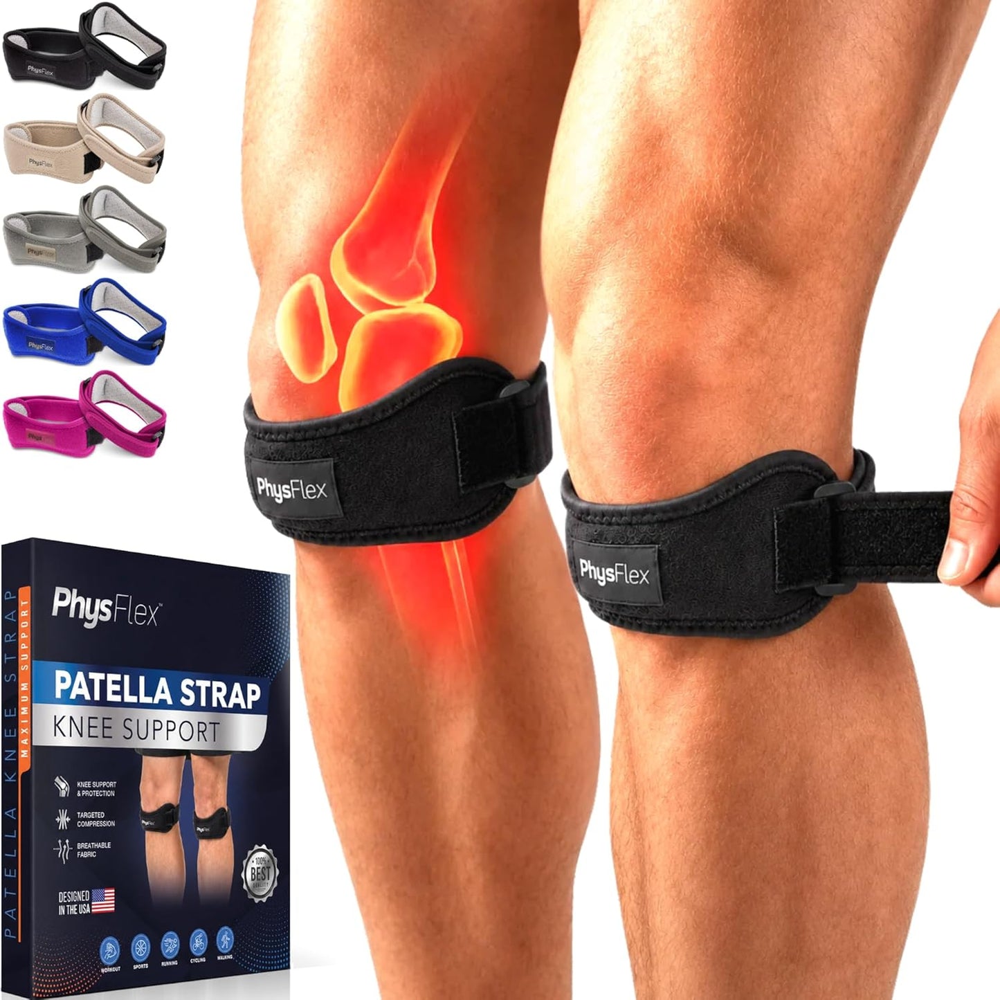 PhysFlex 2 Pack Patellar Tendon Support Strap - Knee Brace for Pain Relief, Patella Band for Basketball, Jumpers Knee, Tendonitis, Adjustable Patella Stabilizer Strap for Men & Women