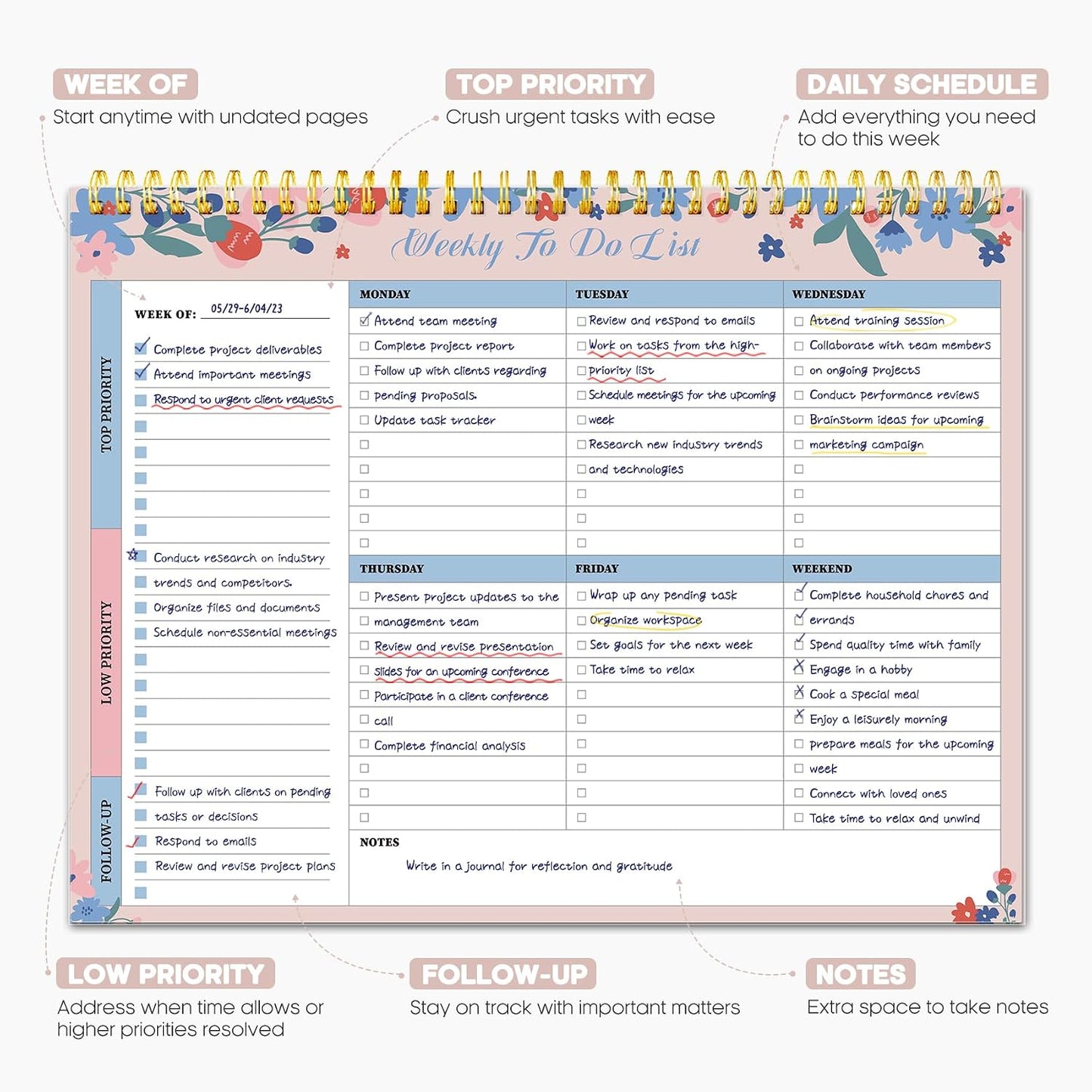 Taja Weekly To Do List Notepad with 52 Undated Sheets（8.5"×11"）- Weekly Desk Planner for Women & Man, Work and Home -1 Pack Violet Dream