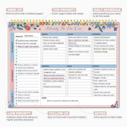 Taja Weekly To Do List Notepad with 52 Undated Sheets（8.5"×11"）- Weekly Desk Planner for Women & Man, Work and Home -1 Pack Violet Dream