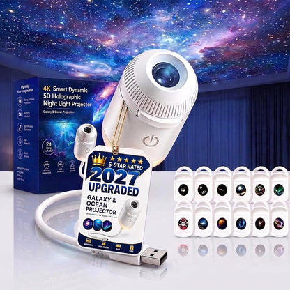 2027 New Hd Smart Dynamic 5d Holographic Night Light Projector, Plug and Play Hd Star Projector, 360° Adjustable Hd Galaxy and Ocean Projector for Bedroom Ceiling (24 Projection Films)