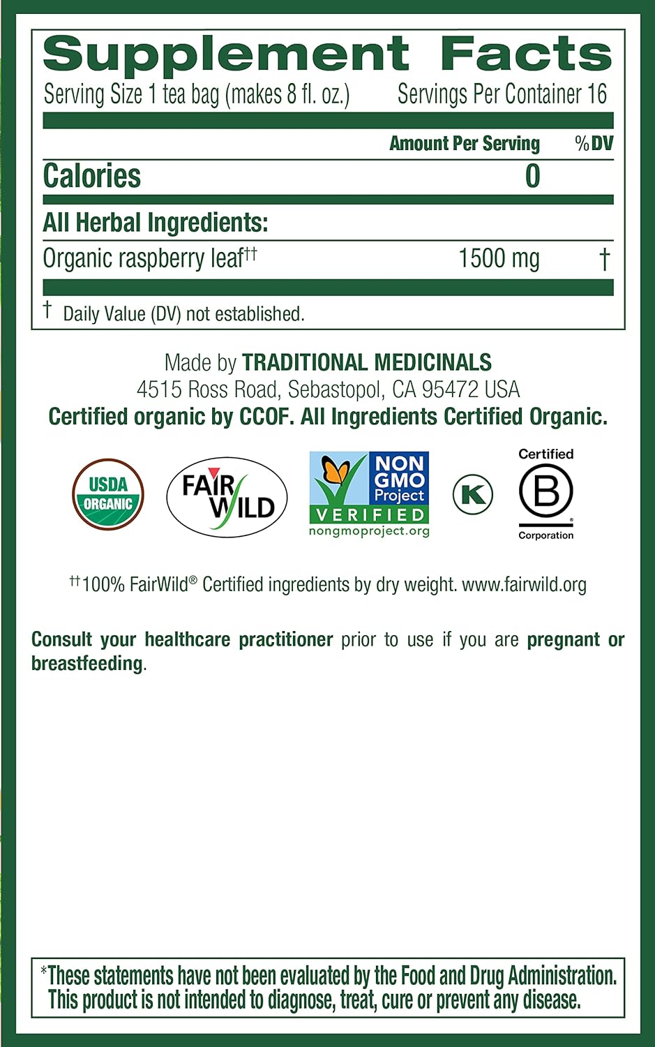Traditional Medicinals Tea, Organic Raspberry Leaf, Eases Menstrual Cramps, Supports a Healthy Pregnancy, 16 Tea Bags