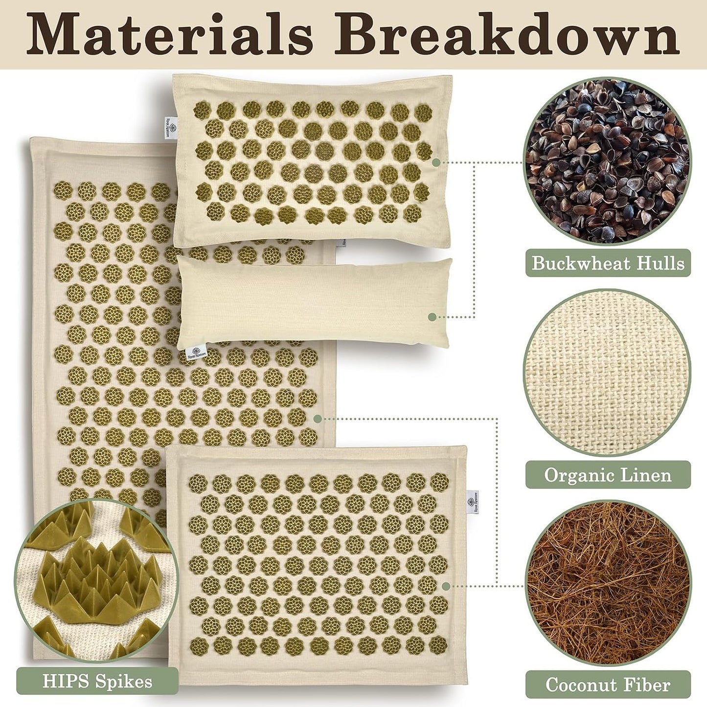 Acupressure Mat and Pillow Set — 4 Piece Full Body Set — Natural Linen & Coconut Fiber — Back Neck Pain Relief, Muscle Relaxation, Stress Relief — Includes Carry Bag