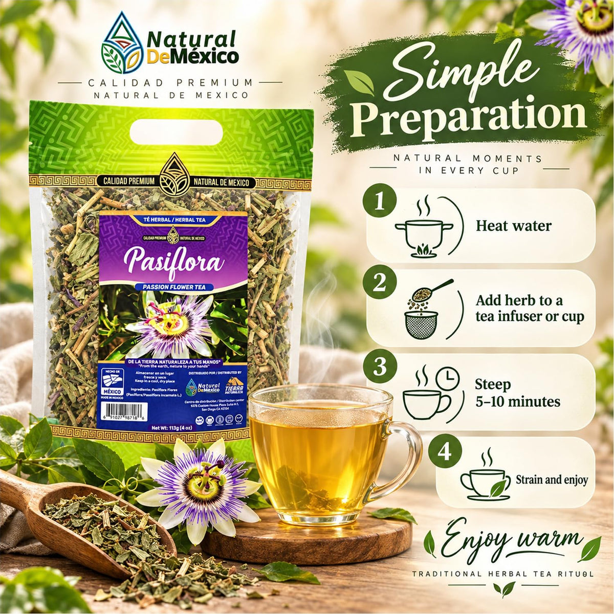 Natural de Mexico Pasiflora - Passion Flower Herbal Tea, Loose Dried Herb for Traditional Infusion, Resealable Pouch 4 oz (113 g)