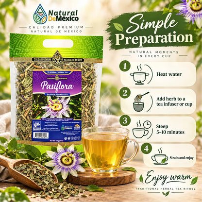 Natural de Mexico Pasiflora - Passion Flower Herbal Tea, Loose Dried Herb for Traditional Infusion, Resealable Pouch 4 oz (113 g)