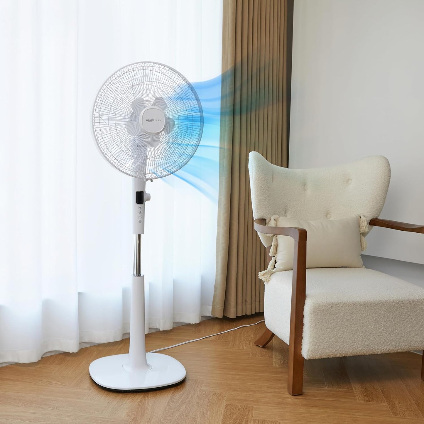 Amazon Basics 16" Pedestal Fan with Remote for Bedroom, Living Room, Office, Adjustable Height, Dual-Layered Blades, 3 Speeds, 3 Modes, Timer, Tilt Head, 60W, Black