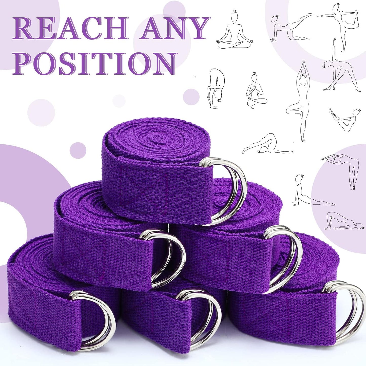 6 Pcs Yoga Straps for Stretching 8 Ft, Safe D Ring Buckle