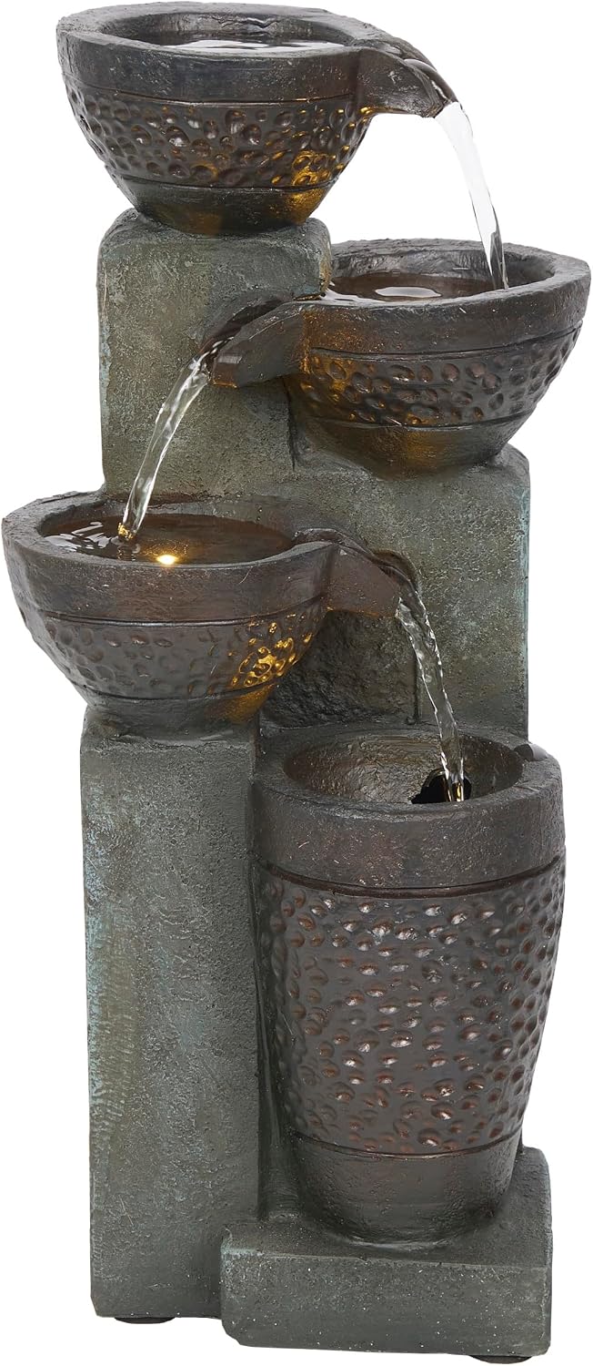 Alpine Corporatio 14" Tall Stoned Jar Cascading Water Fountain with LED Lights, Elegant Tabletop Water Feature for Home, Office, Living Room, and Bedroom Decor, Gray