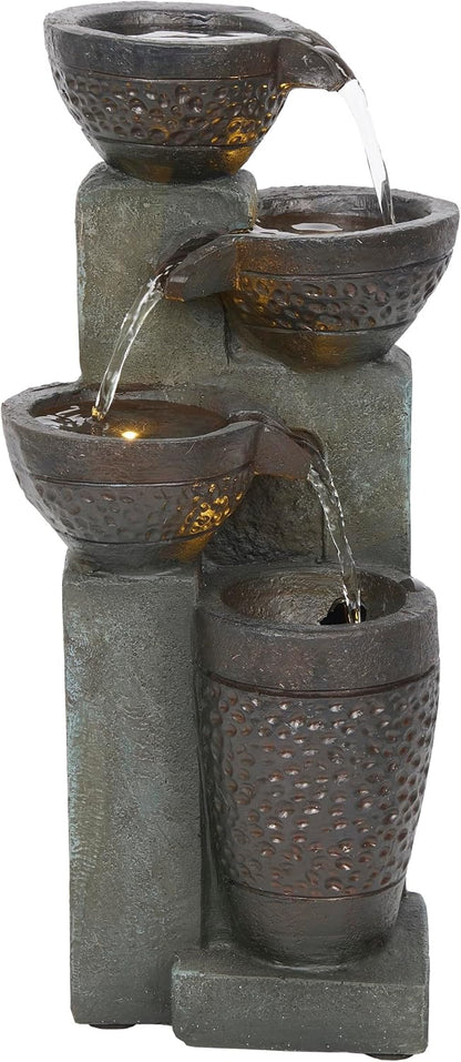 Alpine Corporatio 14" Tall Stoned Jar Cascading Water Fountain with LED Lights, Elegant Tabletop Water Feature for Home, Office, Living Room, and Bedroom Decor, Gray