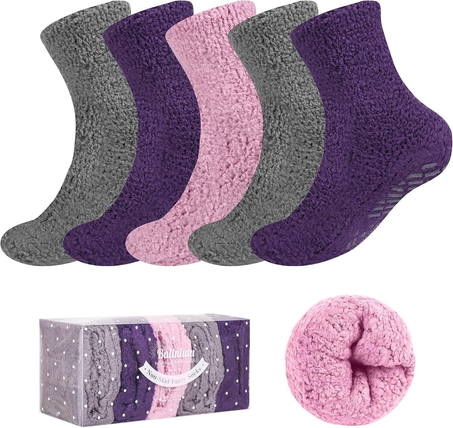 Bulinlulu Fuzzy Socks With Grips for Women, 5 Pairs Non Slip Sleep Warm Fluffy Slipper Socks Gifts for Women