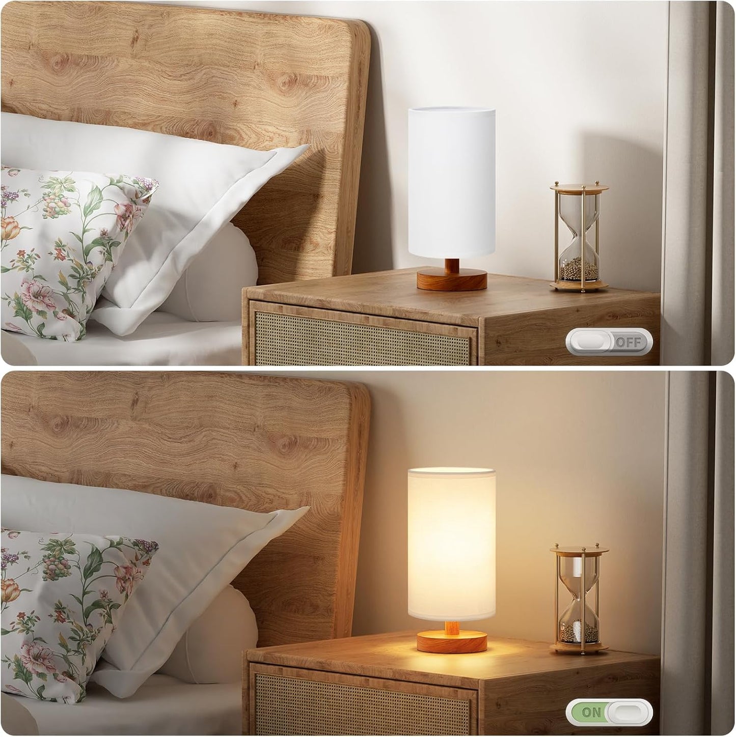 Fenmzee Small Table Lamp for Bedroom - Inline Control, Bedside Lamp with 3000K A15 LED Blub, Easy Assembly (Cream Shade - Wood Base, 9" Inline Control)