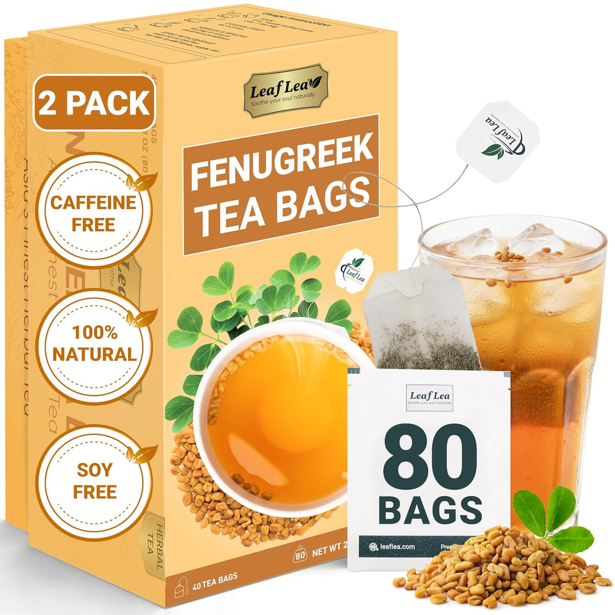 LeafLea Fenugreek Tea Bags, Whole Methi Seed Tea, 80 Count Value Pack