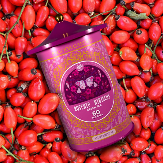 Life Plus Style Gourmet Pagoda Garden Rosehip Hibiscus Green Tea Caffeinated Hot or Iced Natural Ceylon 60 Tea Bags