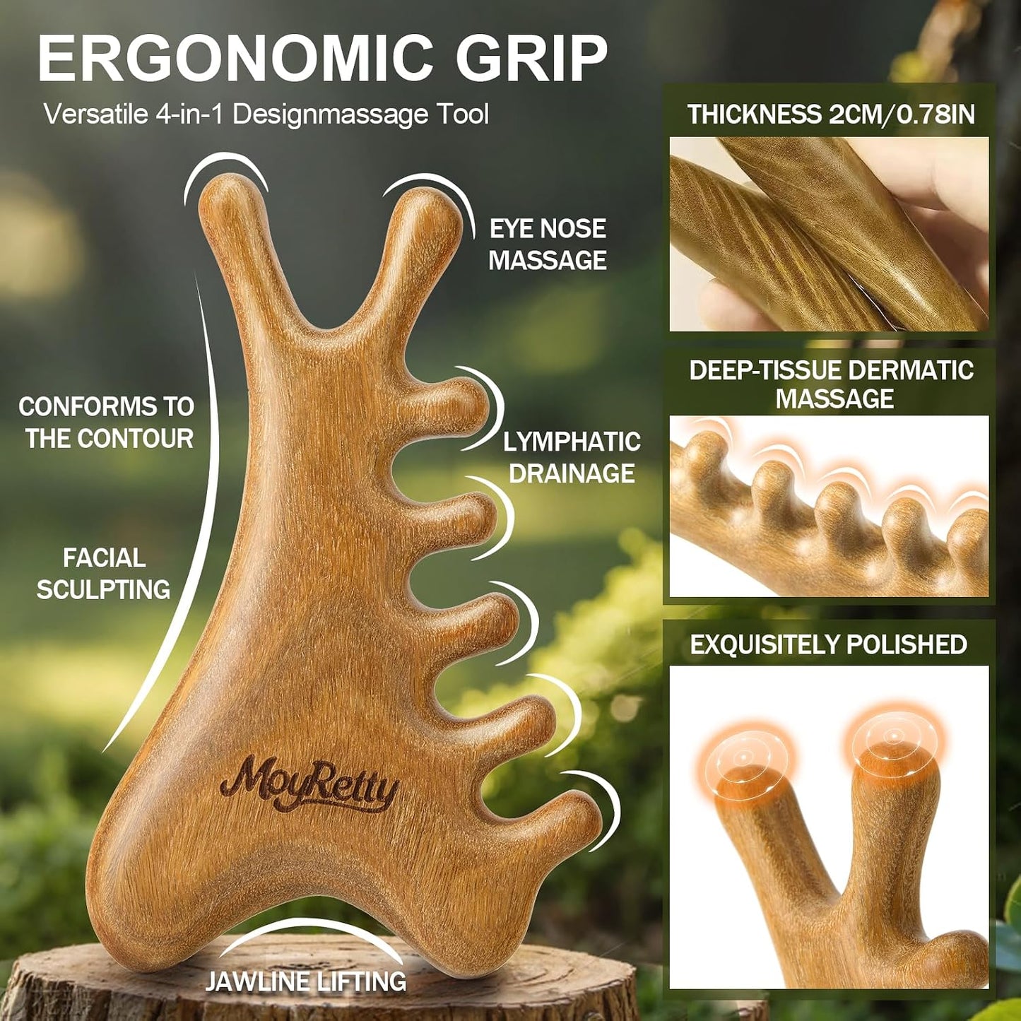 MoyRetty 4-in-1 Gua Sha Tool, Sandalwood Face & Body Massager, Lymphatic Drainage Massage Comb with Storage Pouch (Golden Sandalwood)