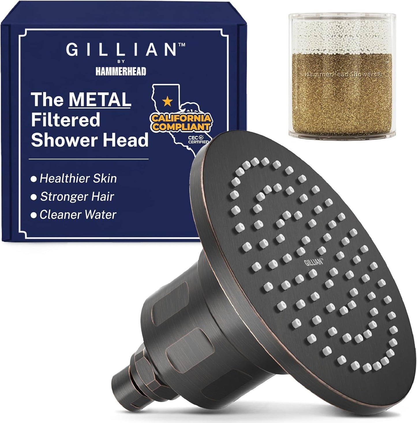 Gillian™ by HammerHead High Pressure Shower Head with Filter – Genuine KDF-55 Filtered Shower Head for Hard Water, Healthier Skin & Hair – Metal 6-Inch Rainfall Showerhead with Filters, Chrome