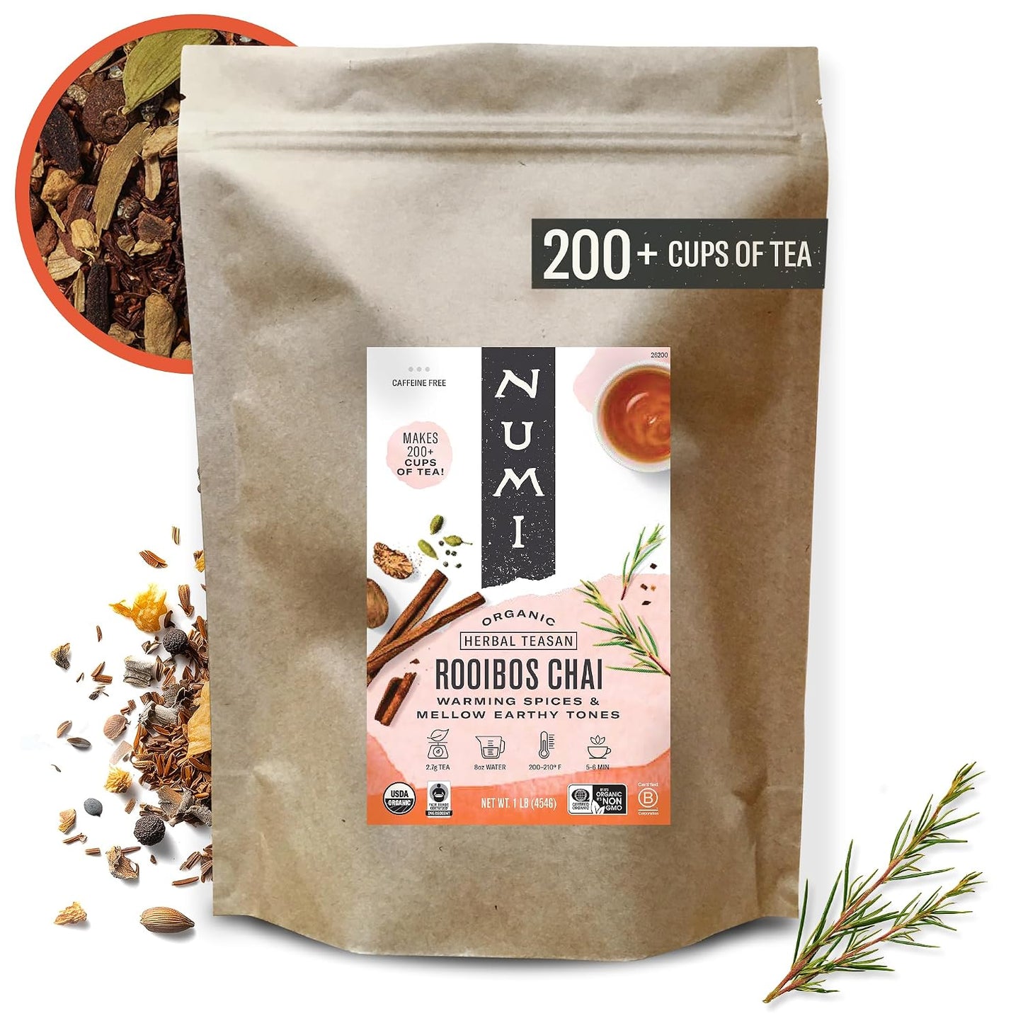 Numi Organic Rooibos Chai Tea, 100 Tea Bags, Herbal Red Tea with Cinnamon, Allspice, Ginger & Cardamom, Caffeine Free Chai