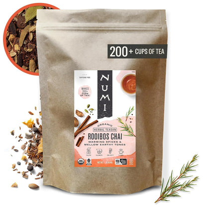 Numi Organic Rooibos Chai Tea, 100 Tea Bags, Herbal Red Tea with Cinnamon, Allspice, Ginger & Cardamom, Caffeine Free Chai