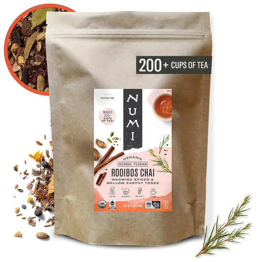 Numi Organic Rooibos Chai Tea, 100 Tea Bags, Herbal Red Tea with Cinnamon, Allspice, Ginger & Cardamom, Caffeine Free Chai