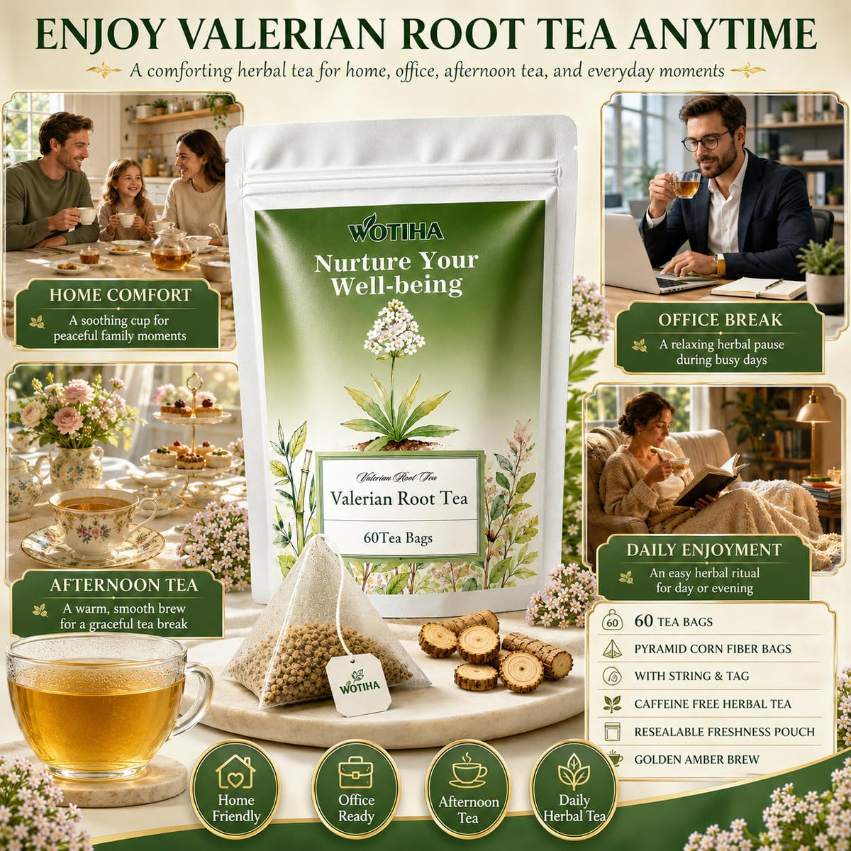 WOTIHA 60 Count Valerian Root Tea Bags - Pure Valeriana Herb for Bedtime Calm - Plant-Based Corn Fiber Pyramid Bags with String - Natural Earthy Flavor, Caffeine Free Herbal Tea
